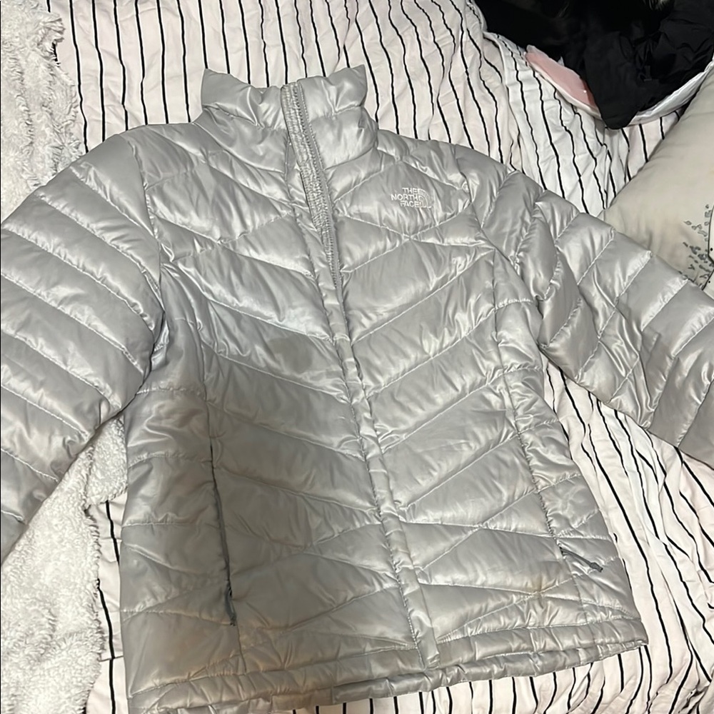 The North Face Silver Puffer Jacket Quilted Insulated Winter Coat